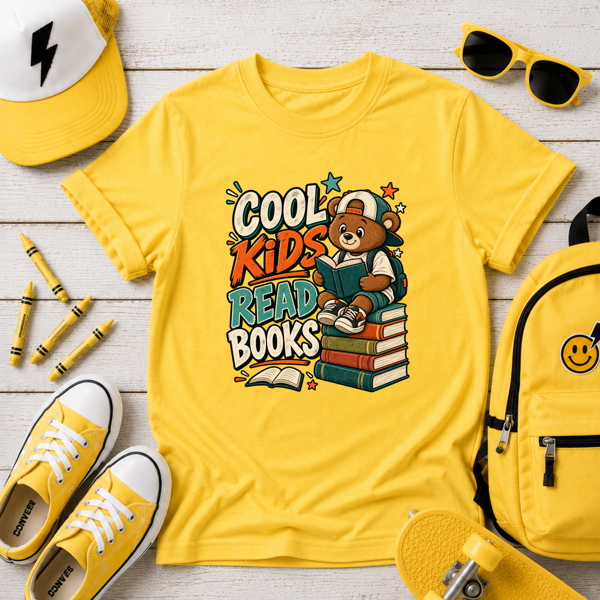 Kids Tee "Cool Kids Read Books" Bear Reading Graphic Shirt