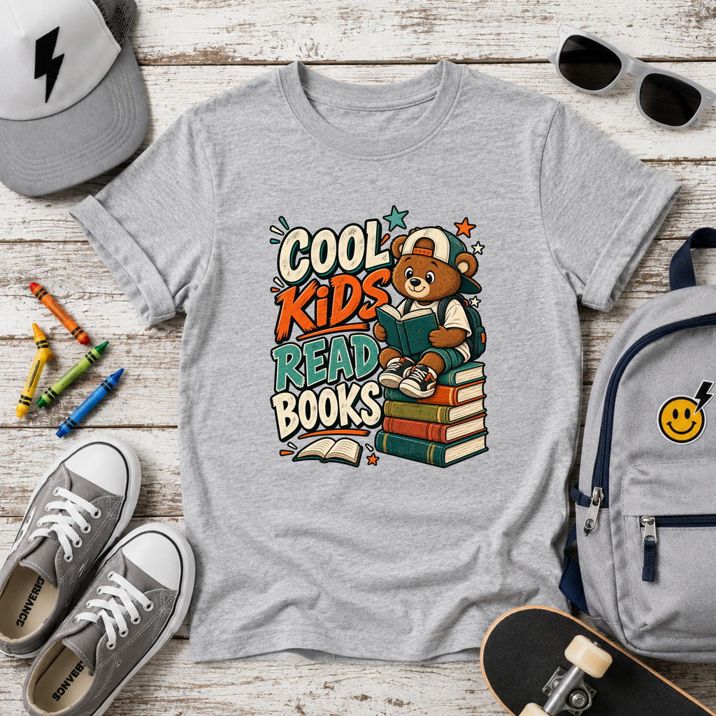 Kids Tee "Cool Kids Read Books" Bear Reading Graphic Shirt