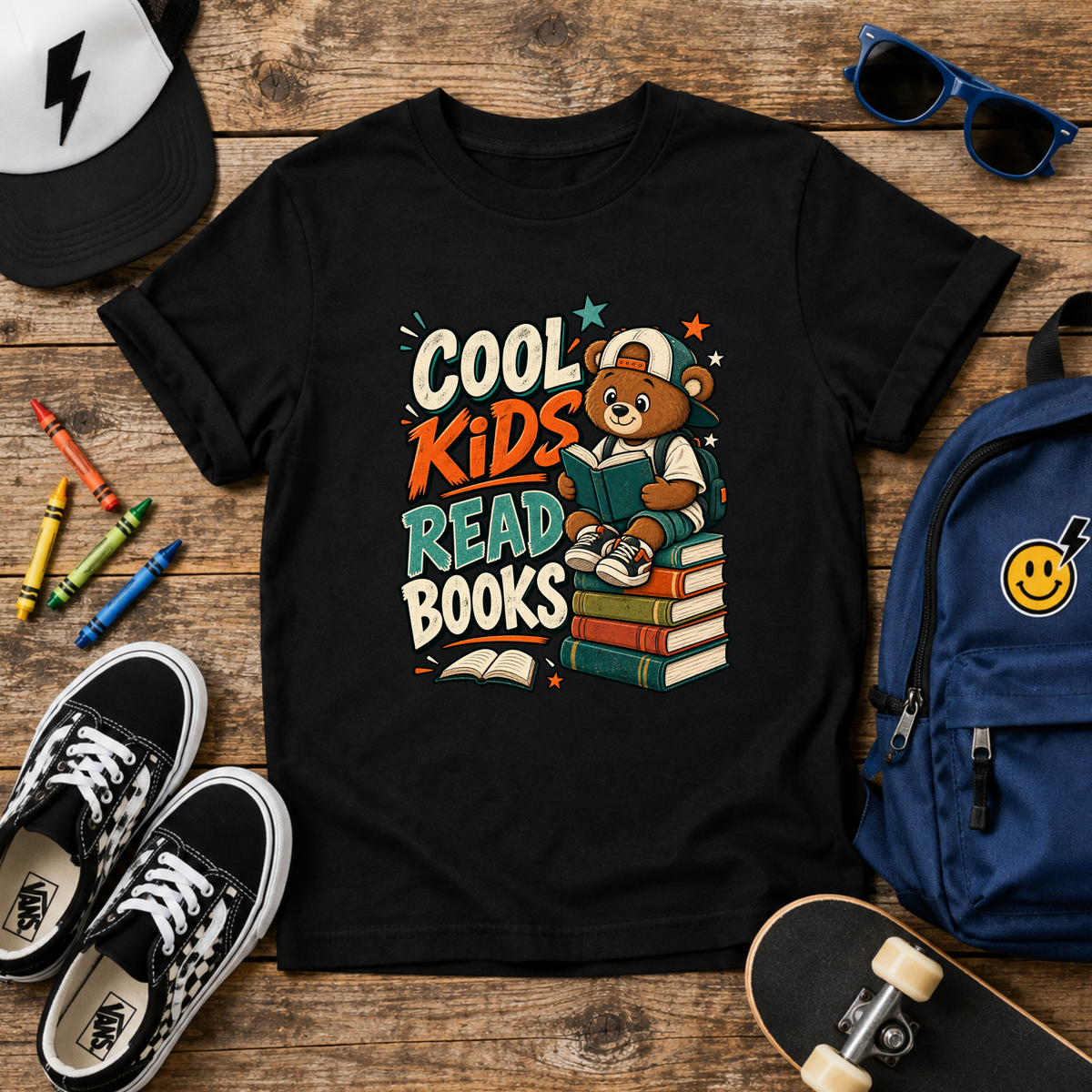 Kids Tee "Cool Kids Read Books" Bear Reading Graphic Shirt