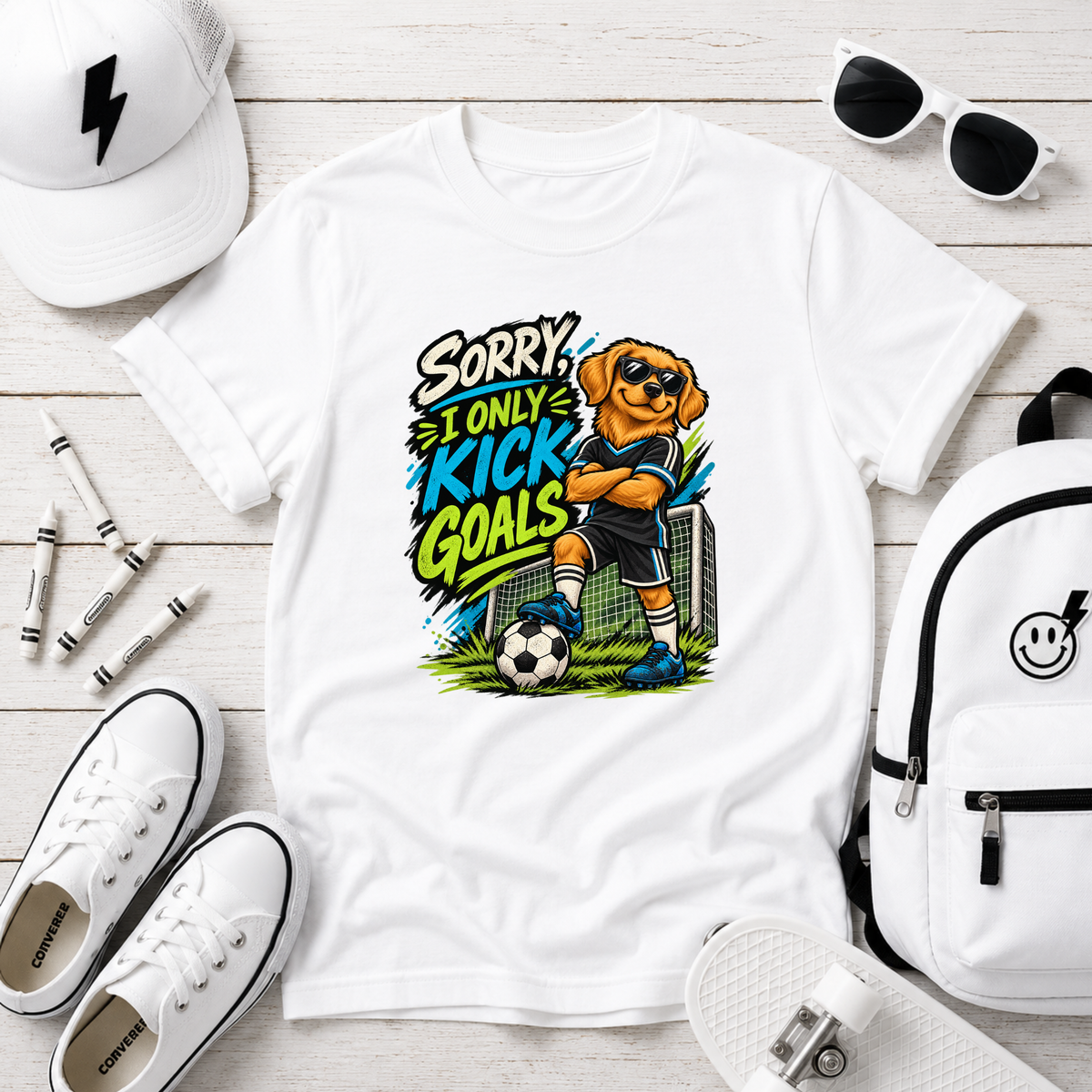 Kids Soccer T‑Shirt “Sorry I Only Kick Goals” Sports Cartoon Pup