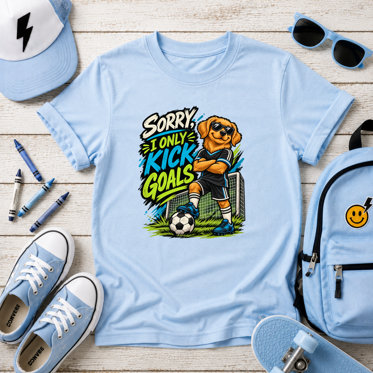 Kids Soccer T‑Shirt “Sorry I Only Kick Goals” Sports Cartoon Pup