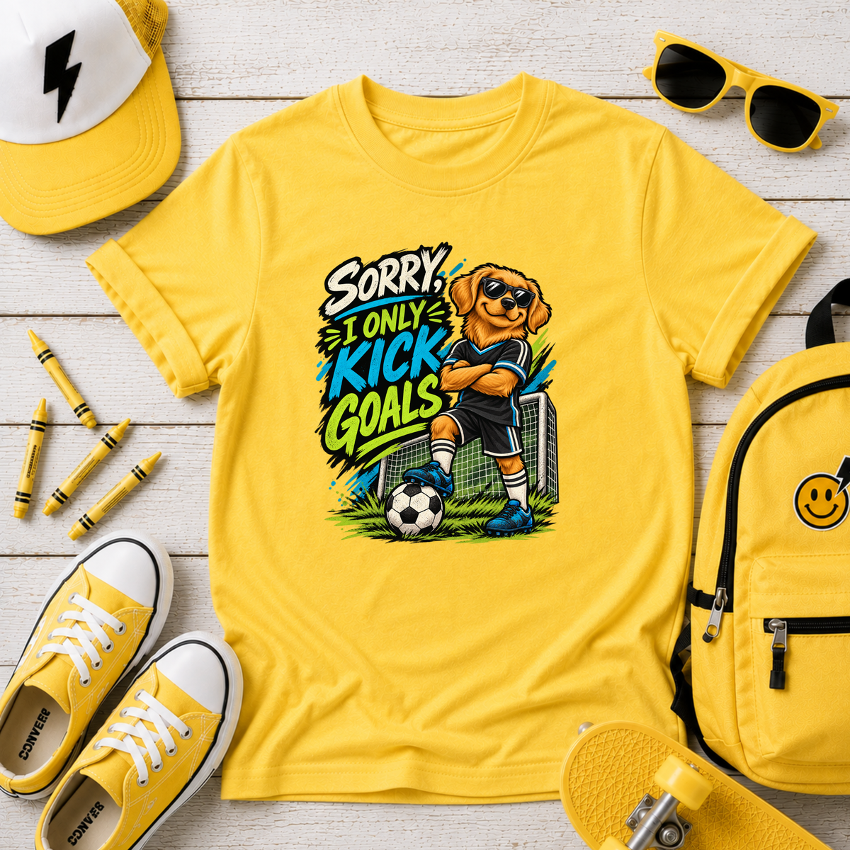 Kids Soccer T‑Shirt “Sorry I Only Kick Goals” Sports Cartoon Pup