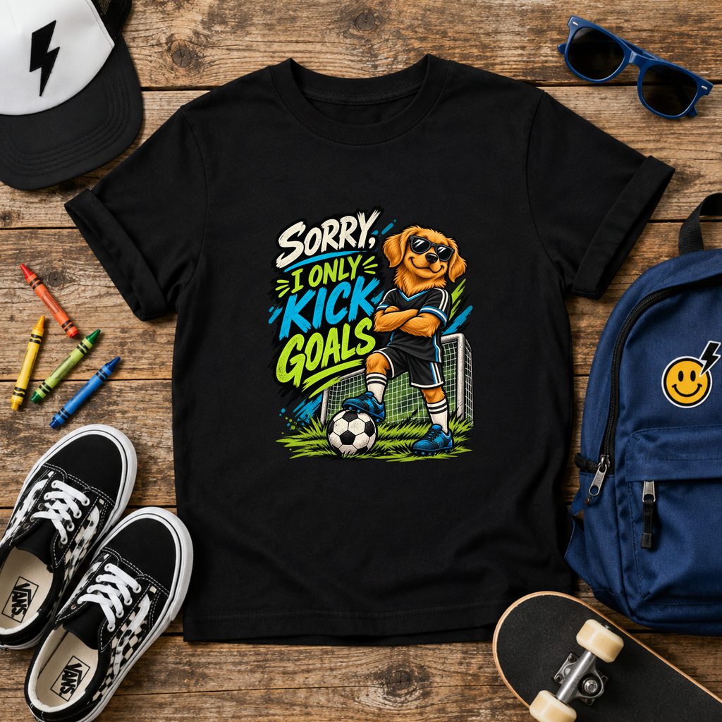 Kids Soccer T‑Shirt “Sorry I Only Kick Goals” Sports Cartoon Pup