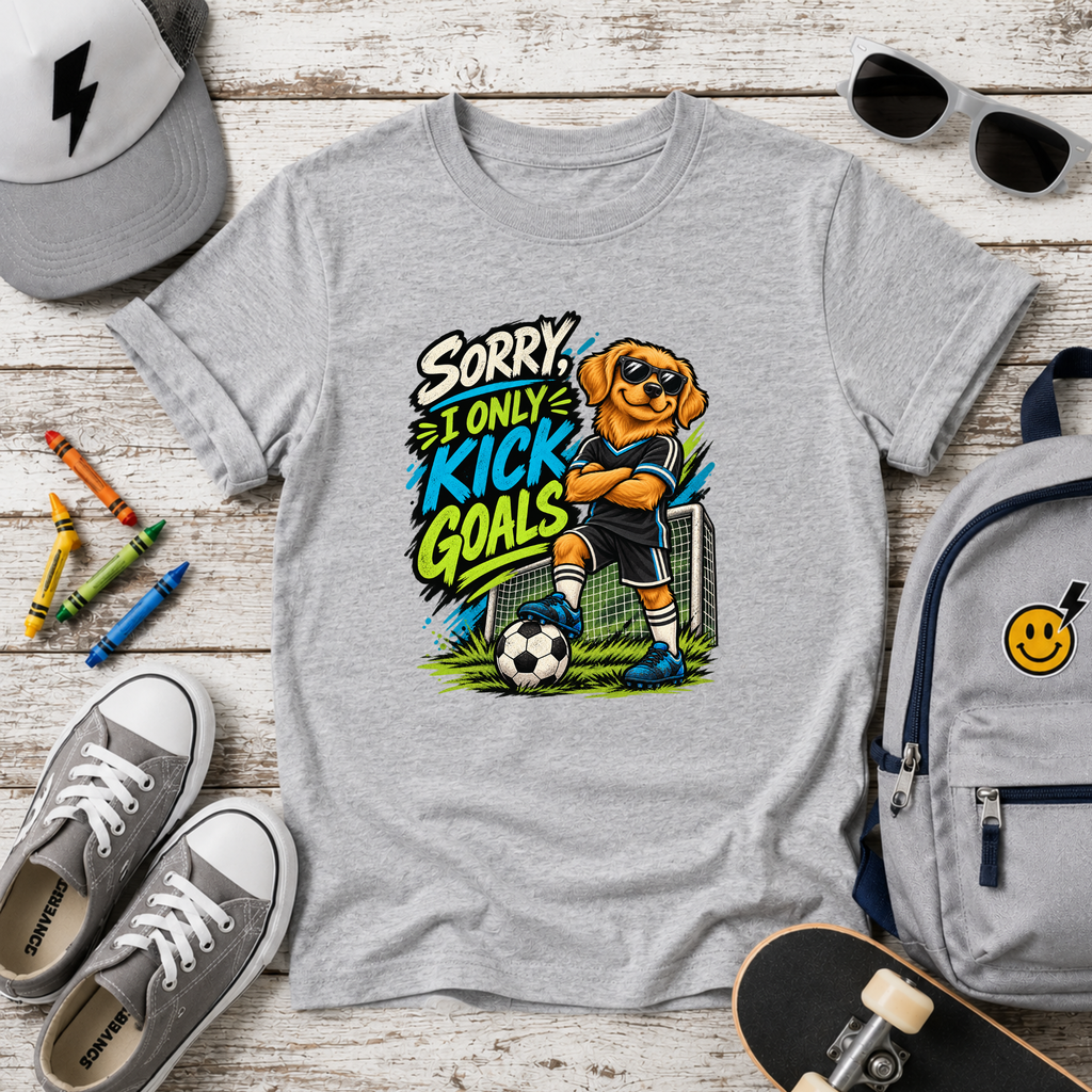 Kids Soccer T‑Shirt “Sorry I Only Kick Goals” Sports Cartoon Pup