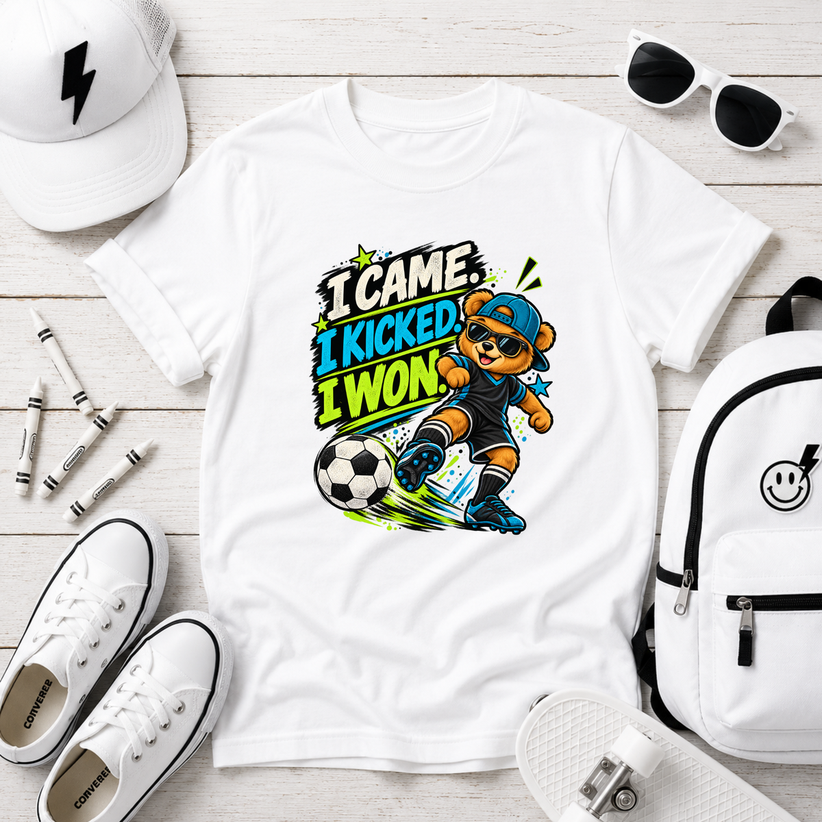 Kids Soccer T‑Shirt "I Came, I Kicked, I Won" Playful Sports Victory Tee