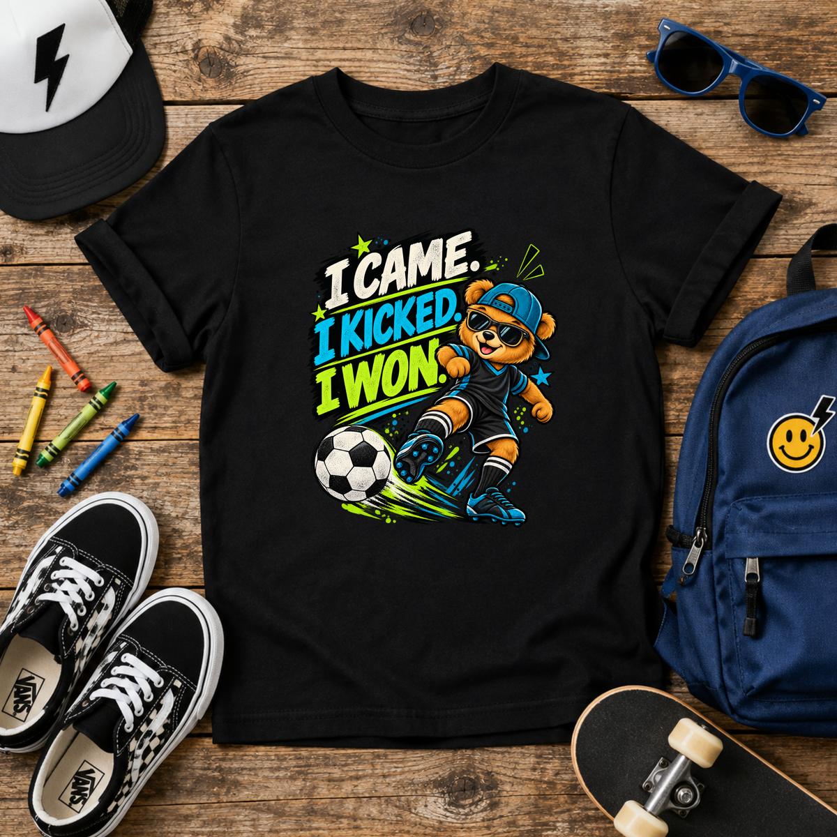 Kids Soccer T‑Shirt "I Came, I Kicked, I Won" Playful Sports Victory Tee