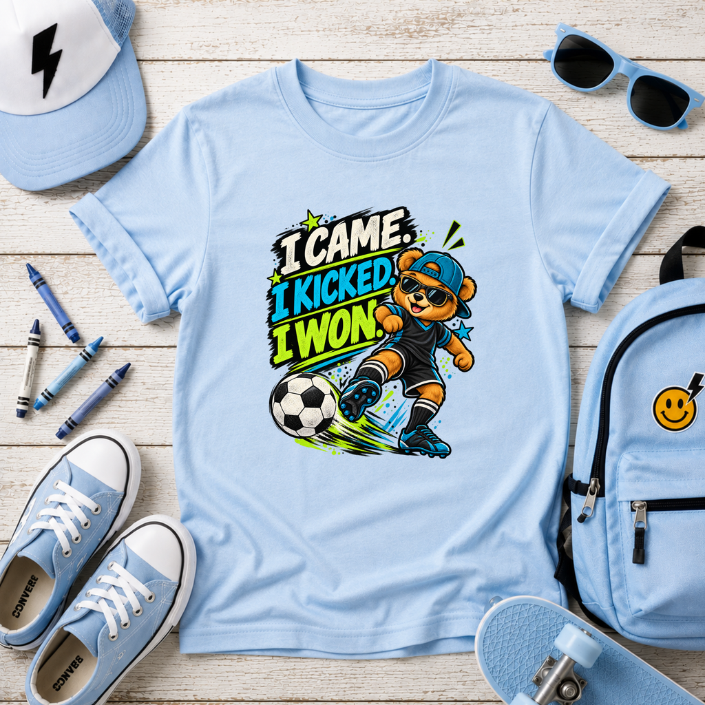 Kids Soccer T‑Shirt "I Came, I Kicked, I Won" Playful Sports Victory Tee