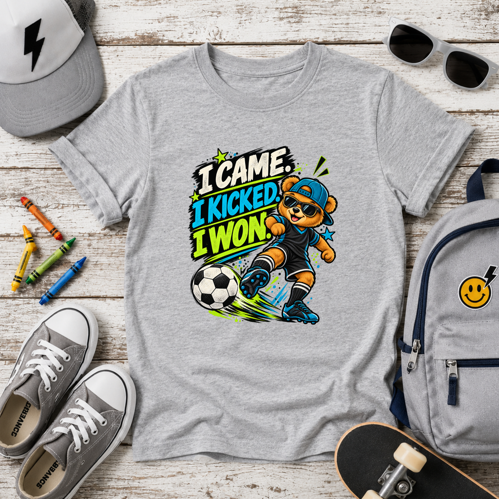 Kids Soccer T‑Shirt "I Came, I Kicked, I Won" Playful Sports Victory Tee