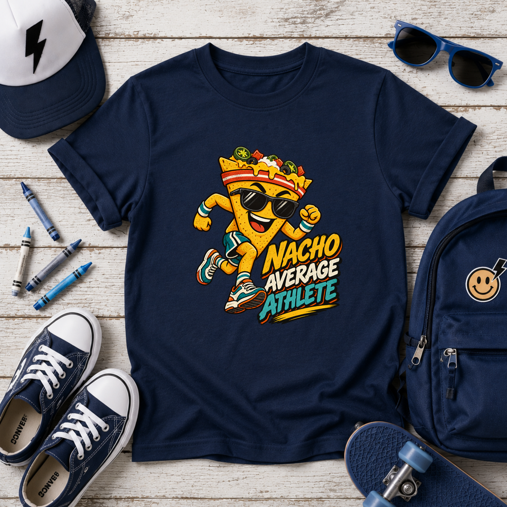 Kids Tee "Nacho Average Athlete" Cartoon Nacho Sports Shirt