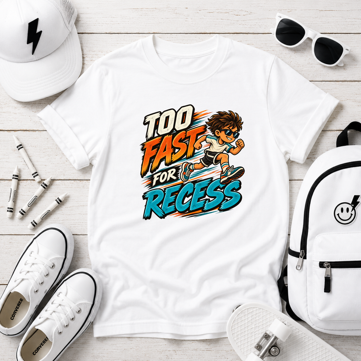 Kids Tee "Too Fast for Recess" School Skateboard Graphic