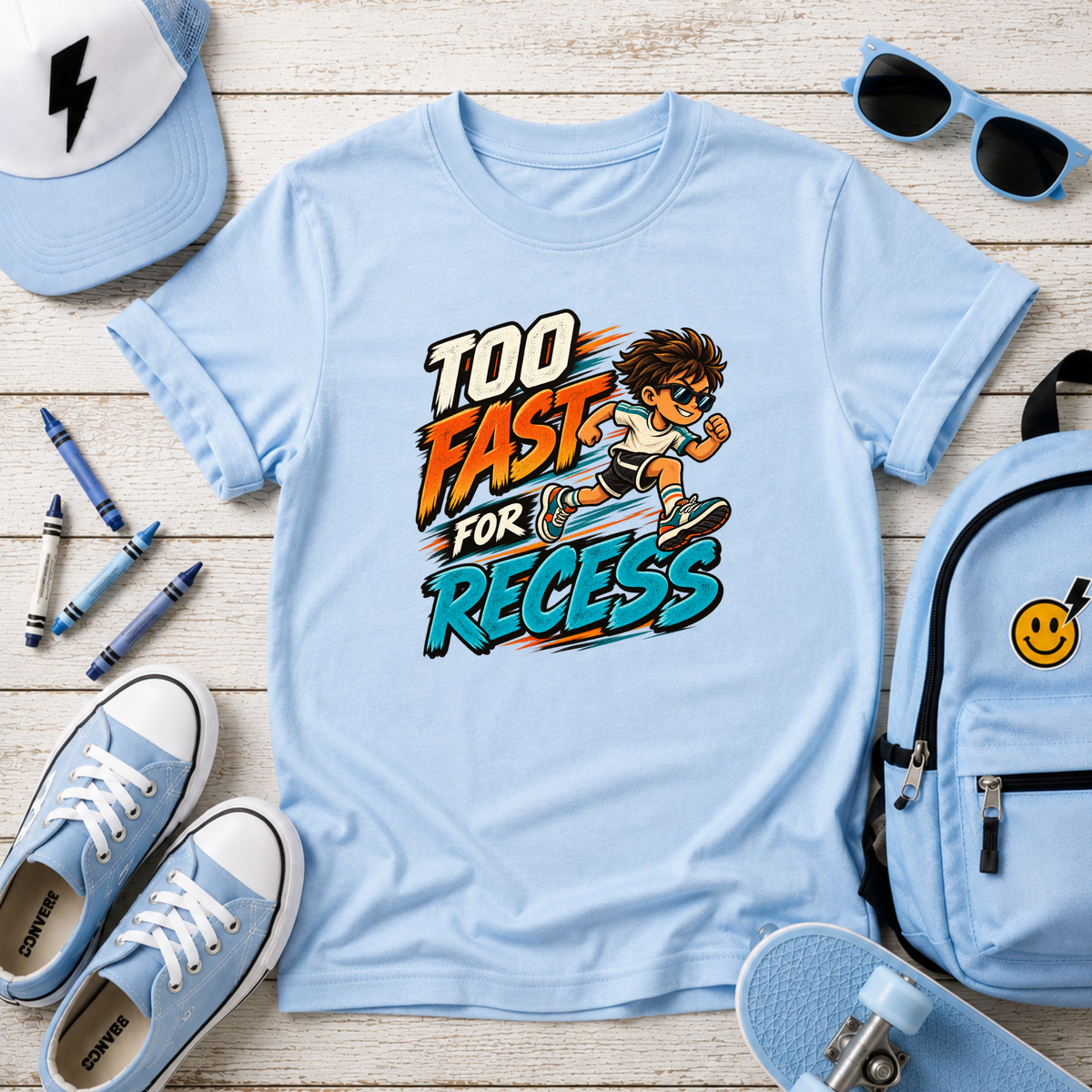 Kids Tee "Too Fast for Recess" School Skateboard Graphic