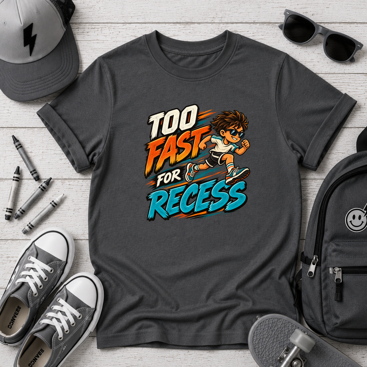 Kids Tee "Too Fast for Recess" School Skateboard Graphic