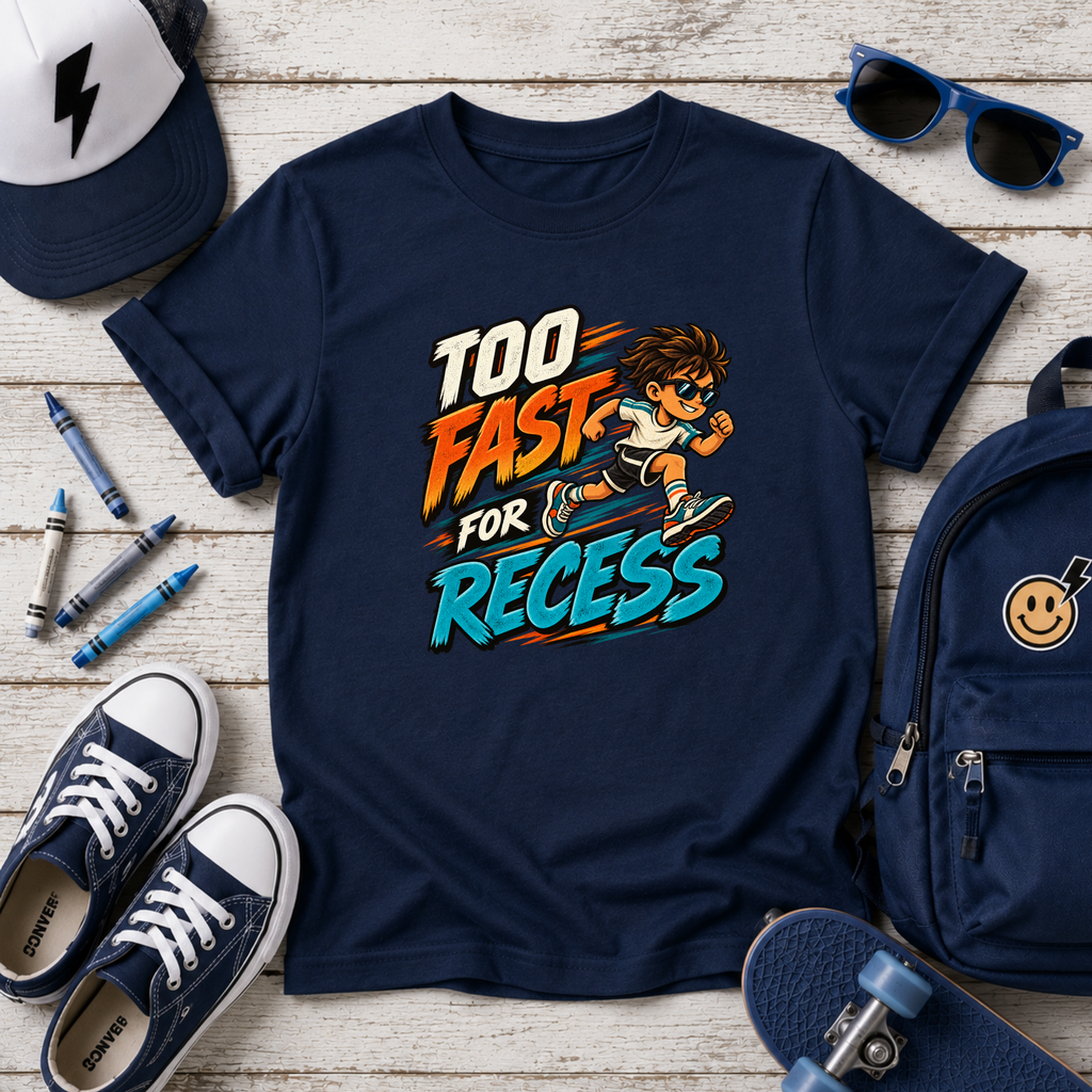 Kids Tee "Too Fast for Recess" School Skateboard Graphic