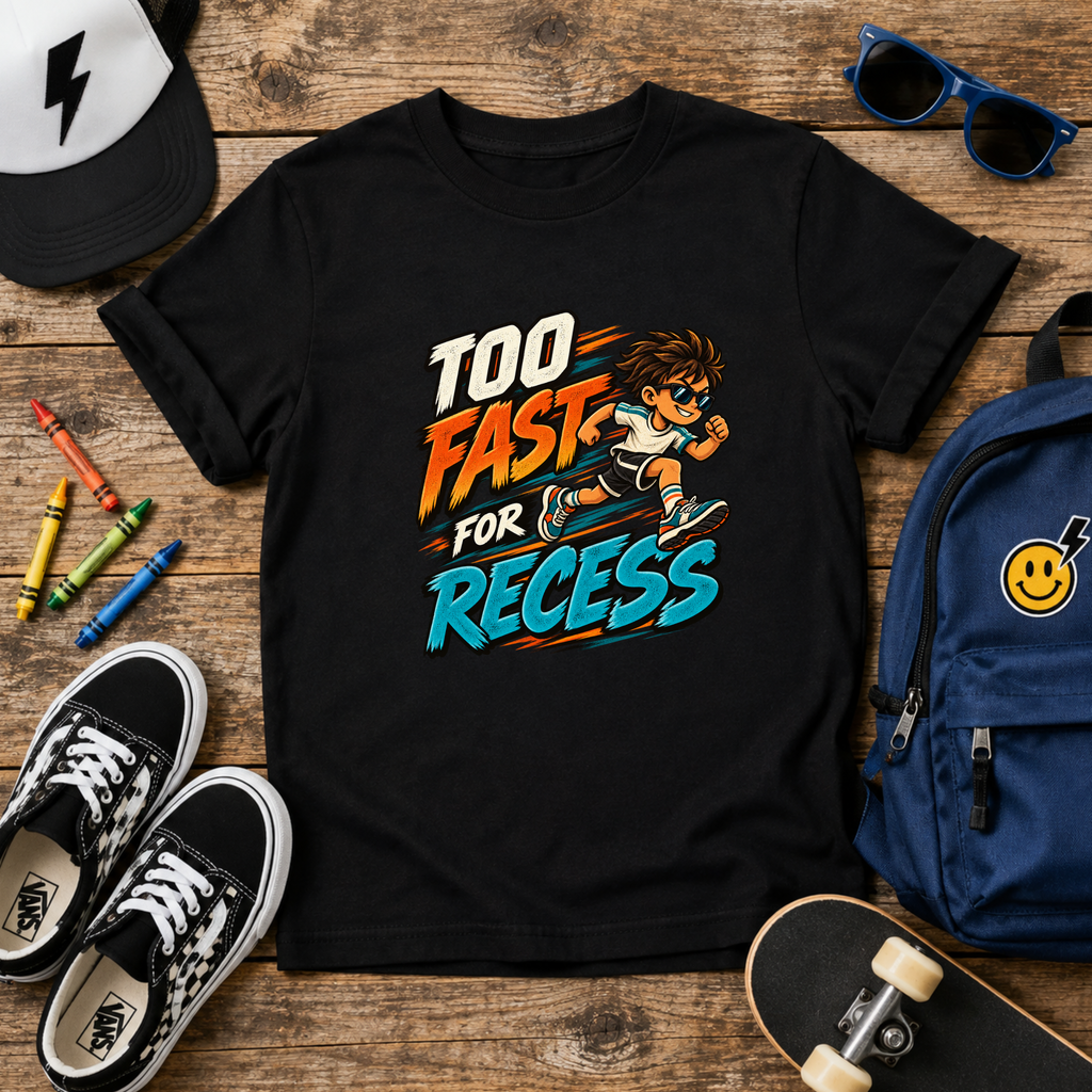 Kids Tee "Too Fast for Recess" School Skateboard Graphic