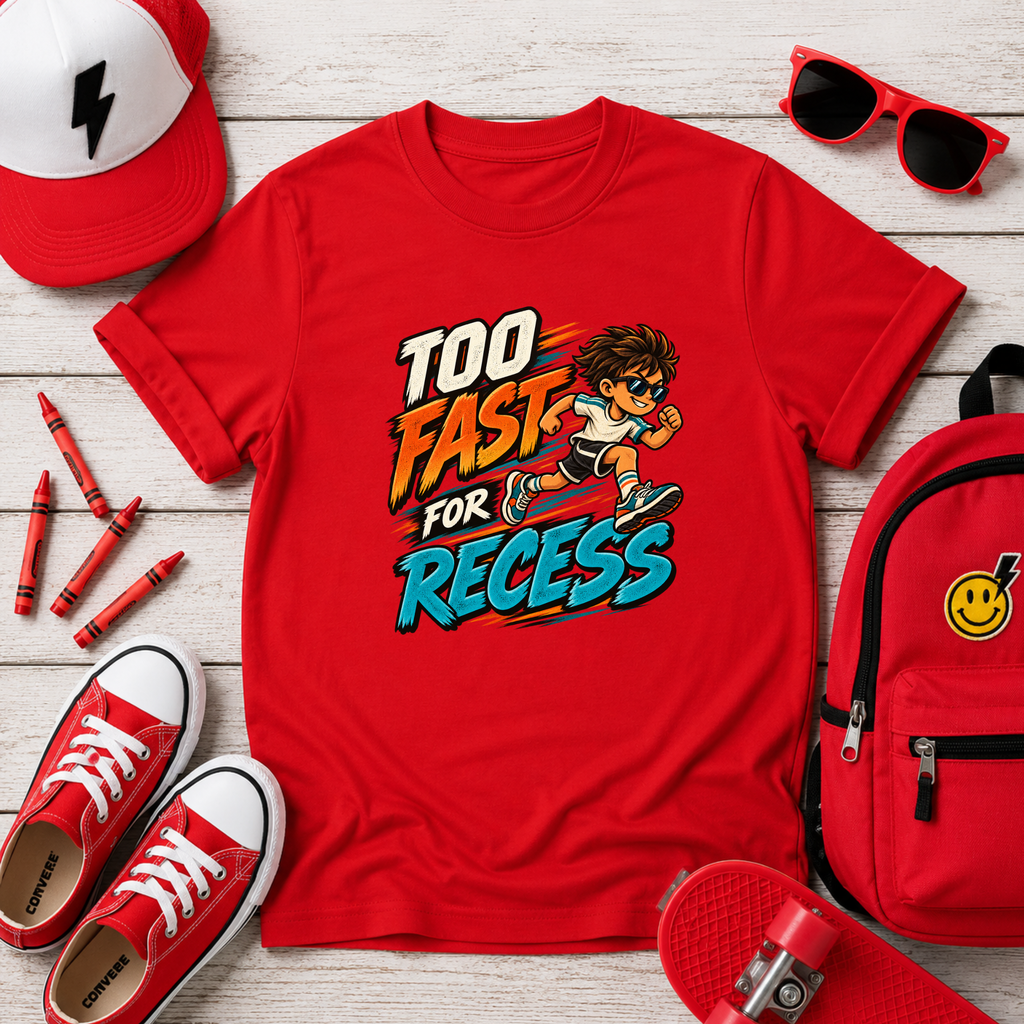 Kids Tee "Too Fast for Recess" School Skateboard Graphic