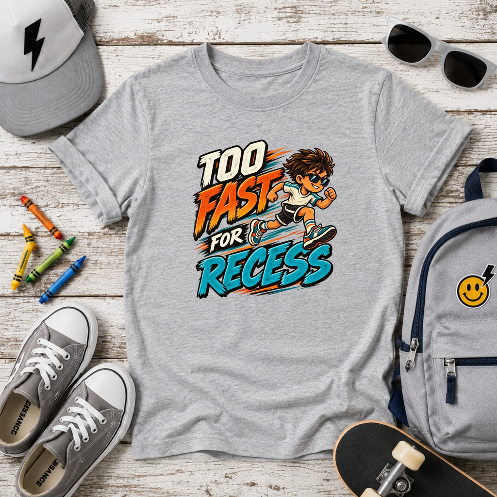 Kids Tee "Too Fast for Recess" School Skateboard Graphic