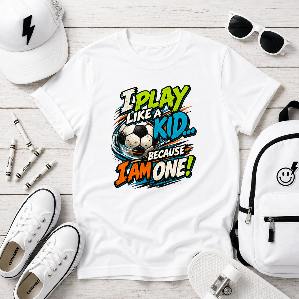 Kids Tee "I Play Like a Kid Because I Am One!" Sports Graphic Soccer Shirt