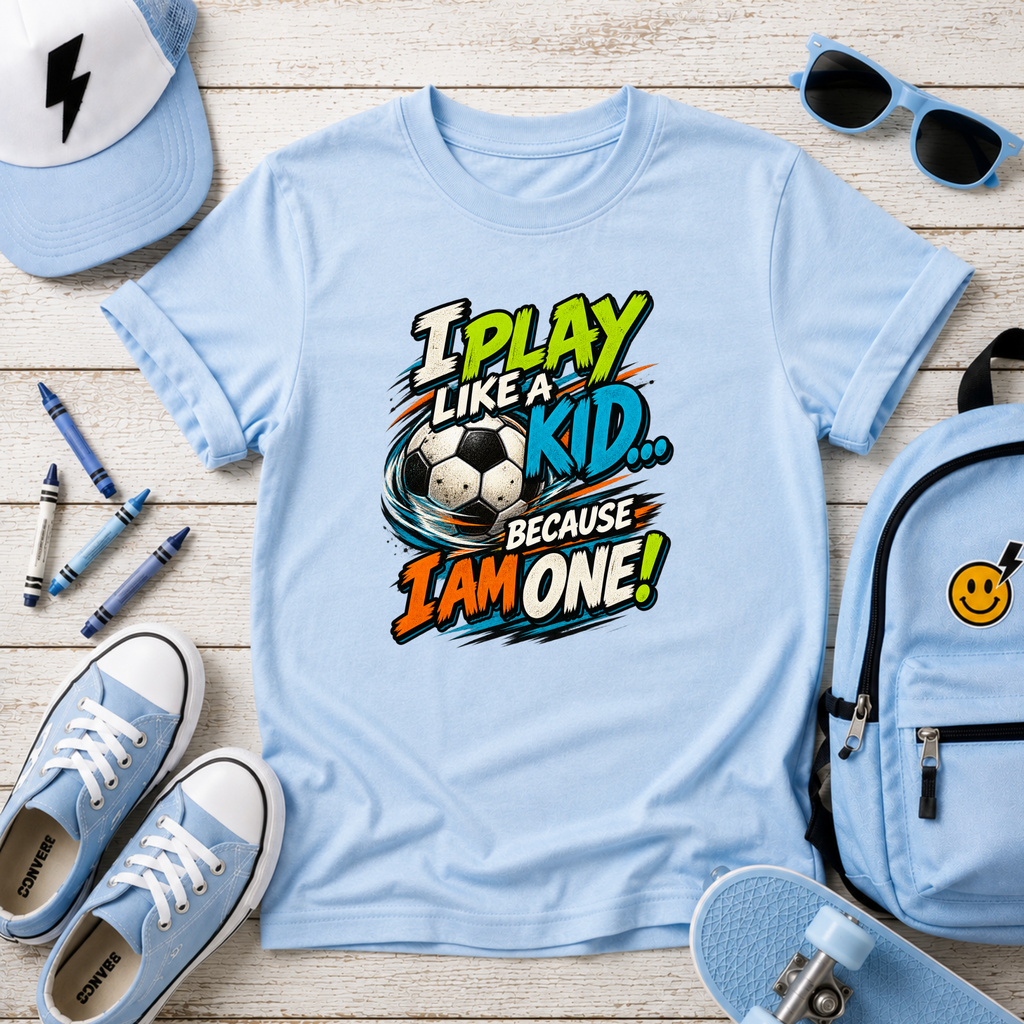 Kids Tee "I Play Like a Kid Because I Am One!" Sports Graphic Soccer Shirt