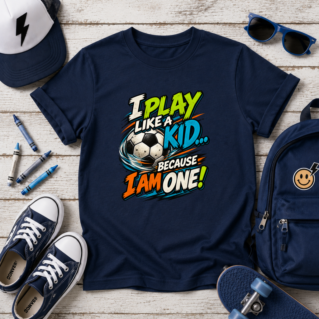 Kids Tee "I Play Like a Kid Because I Am One!" Sports Graphic Soccer Shirt