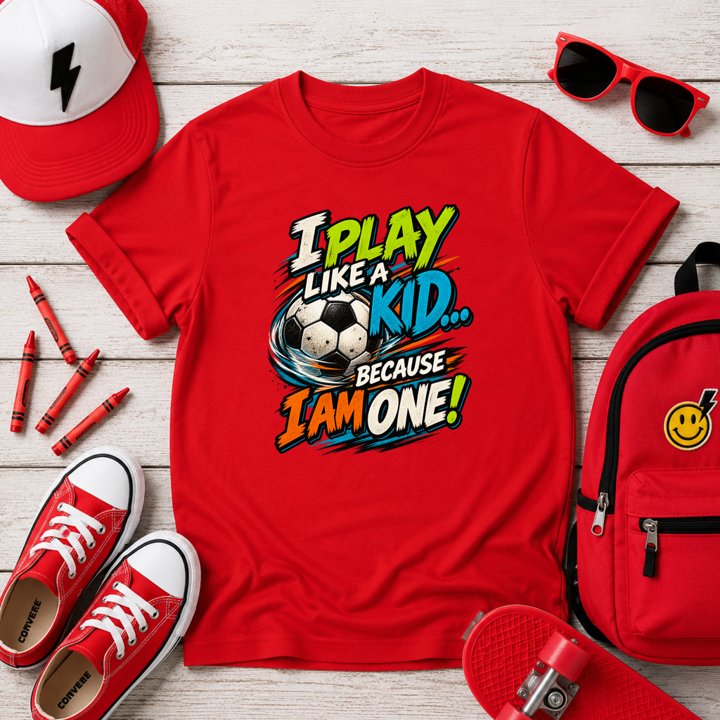 Kids Tee "I Play Like a Kid Because I Am One!" Sports Graphic Soccer Shirt