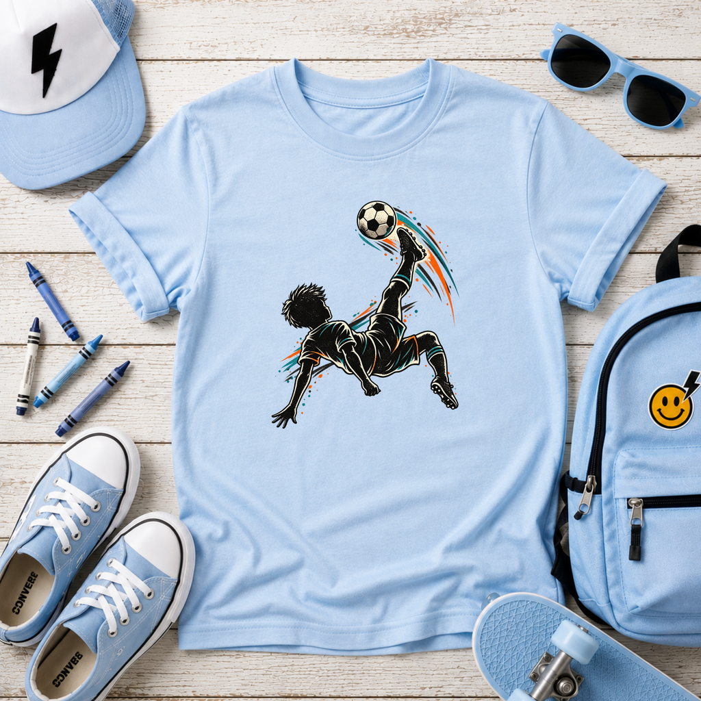 Kids Soccer T‑Shirt Bicycle Kick Silhouette I Sports Graphic Tee