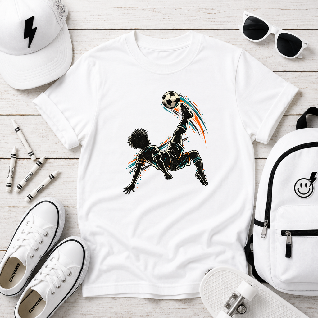 Kids Soccer T‑Shirt Bicycle Kick Silhouette I Sports Graphic Tee