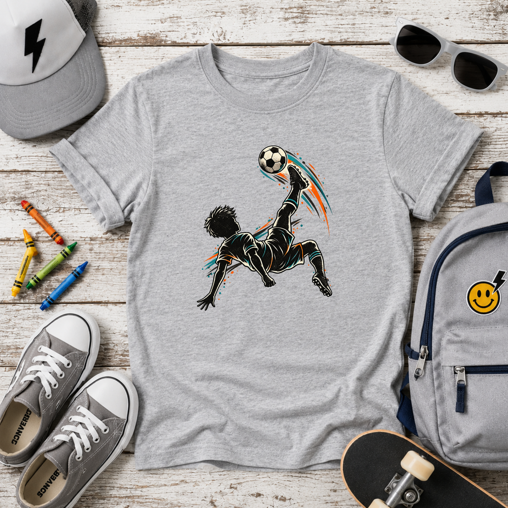 Kids Soccer T‑Shirt Bicycle Kick Silhouette I Sports Graphic Tee