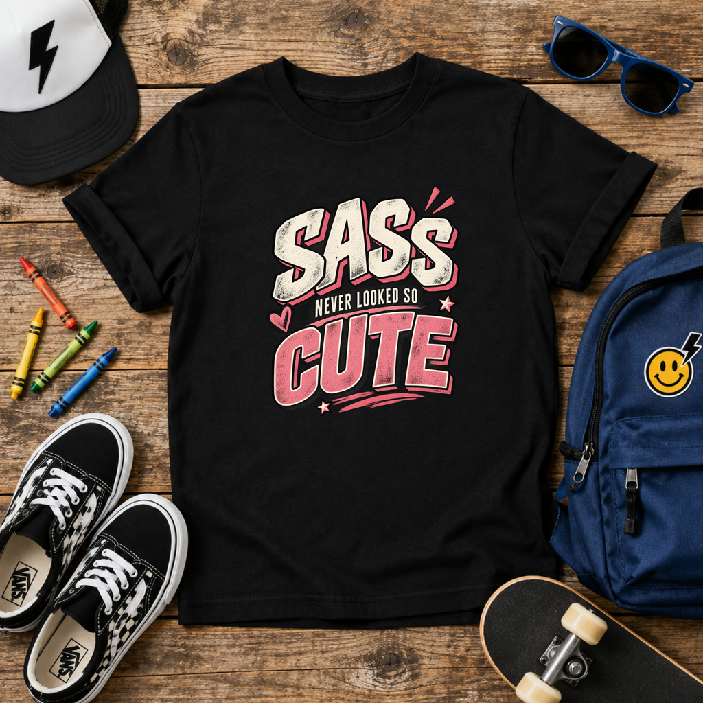 Kids T-Shirt "Sass Never Looked So Cute" Pink Retro Graphic