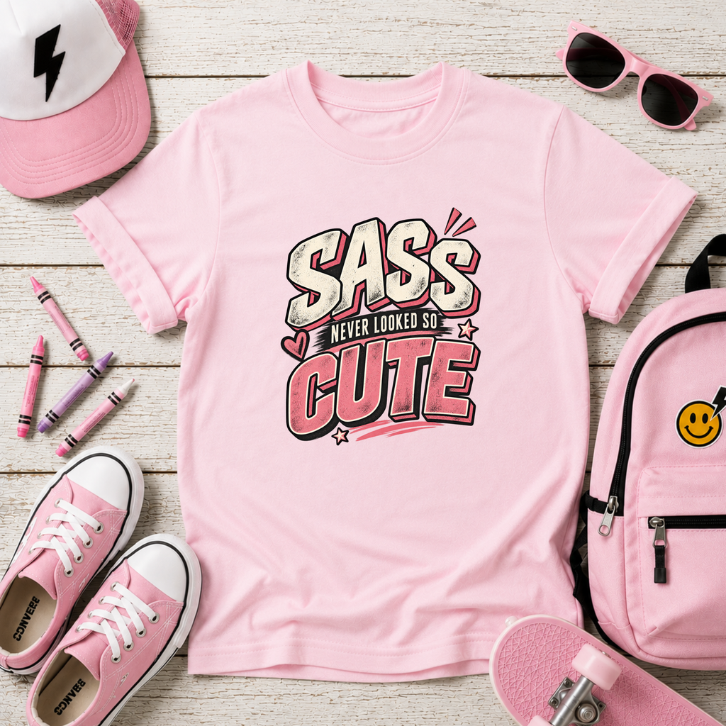Kids T-Shirt "Sass Never Looked So Cute" Pink Retro Graphic