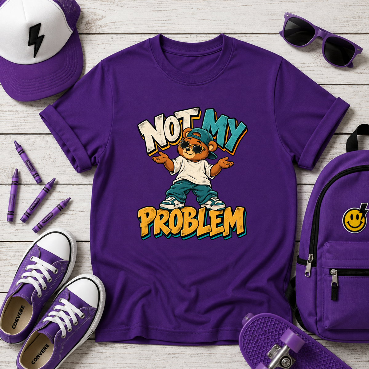 Kids Tee "Not My Problem" Cool Cartoon Skate Kid Funny Graphic Shirt