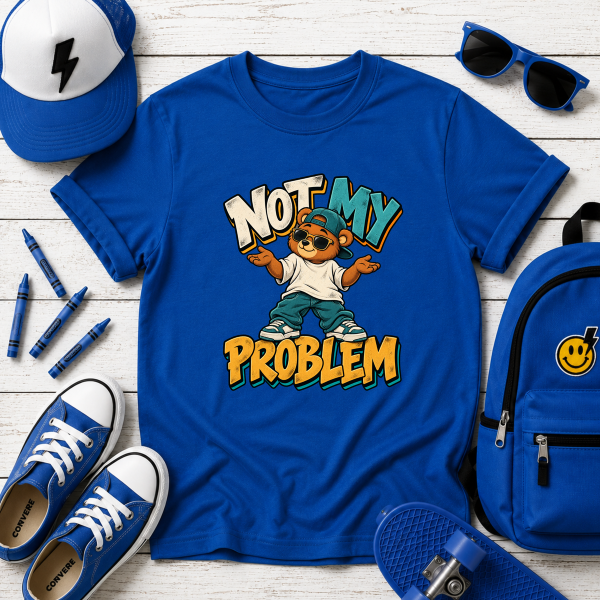 Kids Tee "Not My Problem" Cool Cartoon Skate Kid Funny Graphic Shirt