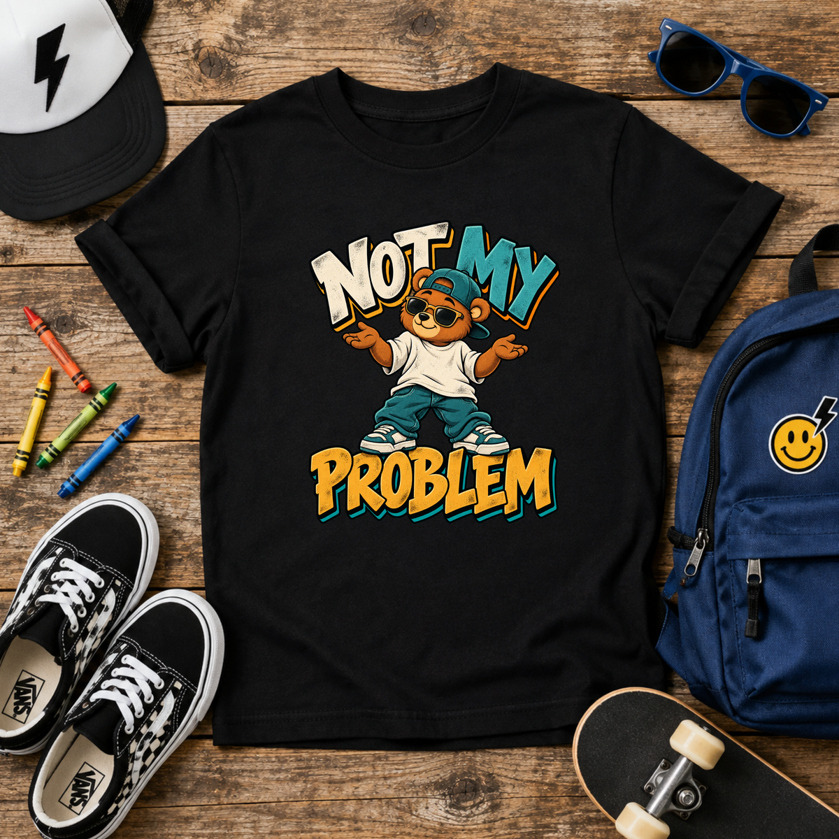 Kids Tee "Not My Problem" Cool Cartoon Skate Kid Funny Graphic Shirt