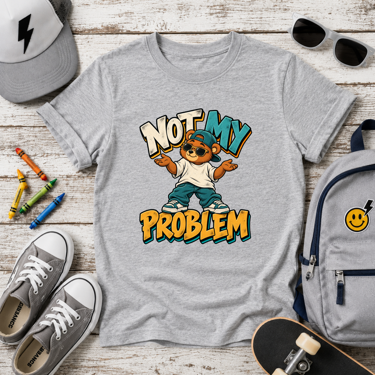 Kids Tee "Not My Problem" Cool Cartoon Skate Kid Funny Graphic Shirt