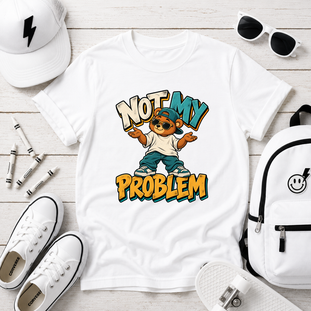 Kids Tee "Not My Problem" Cool Cartoon Skate Kid Funny Graphic Shirt