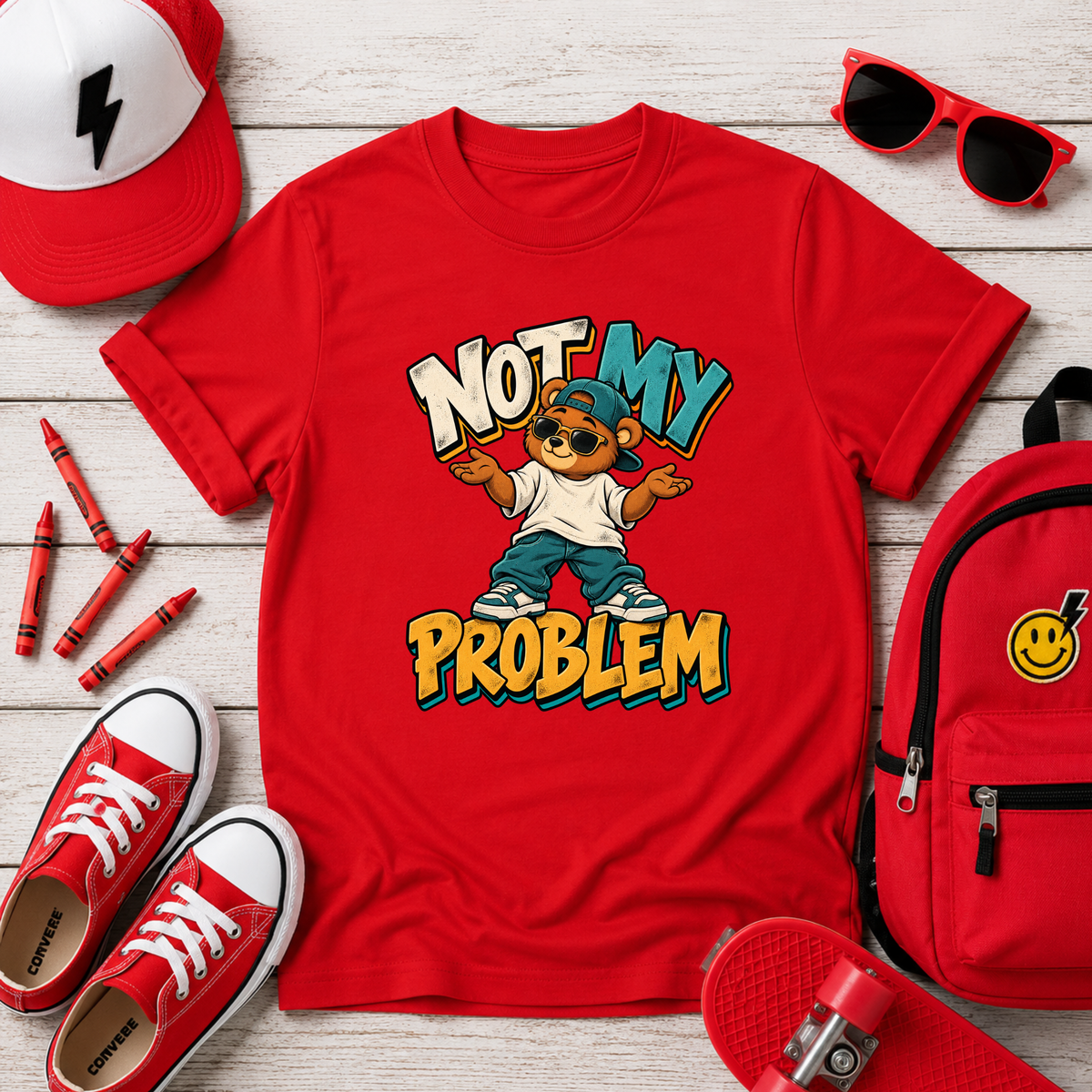 Kids Tee "Not My Problem" Cool Cartoon Skate Kid Funny Graphic Shirt