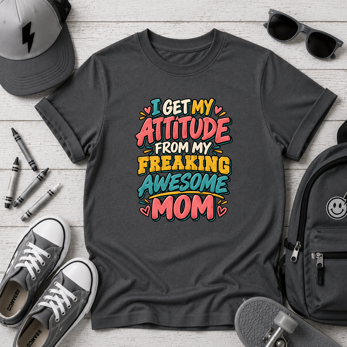 Girls Graphic T-Shirt "I Get My Attitude From My Freaking Awesome Mom" Colorful Mother’s Day Tee