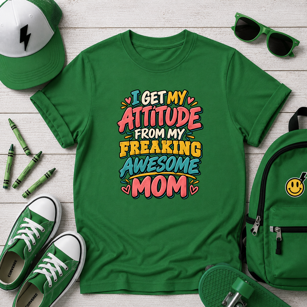 Girls Graphic T-Shirt "I Get My Attitude From My Freaking Awesome Mom" Colorful Mother’s Day Tee