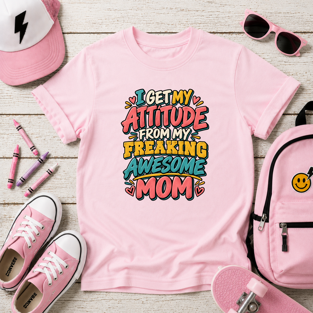 Girls Graphic T-Shirt "I Get My Attitude From My Freaking Awesome Mom" Colorful Mother’s Day Tee