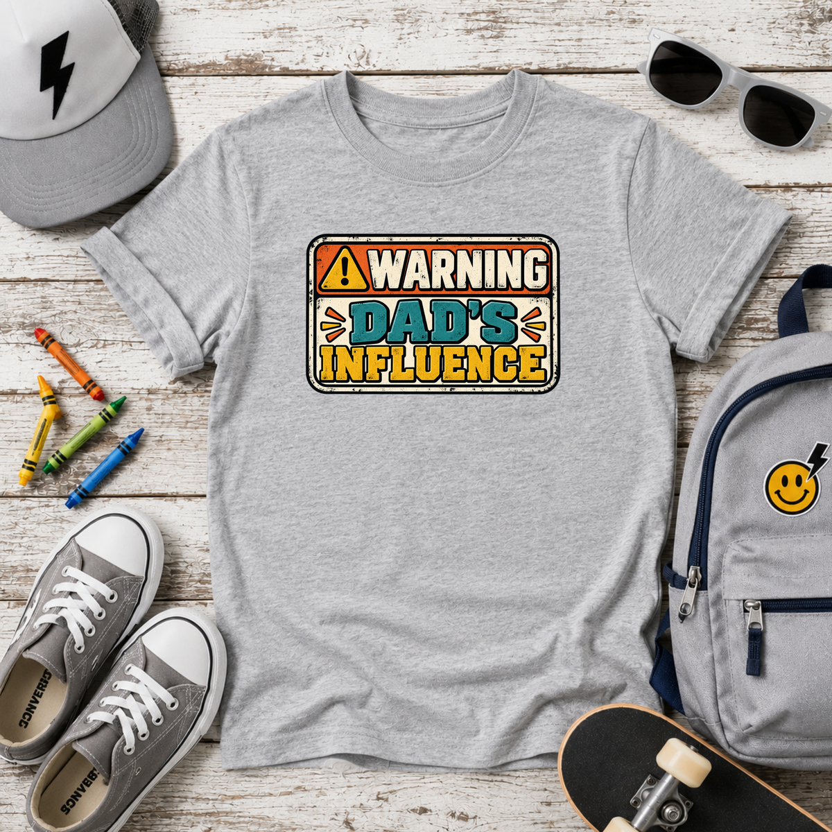 Kids T-Shirt - "Warning: Dad's Influence" Retro Graphic