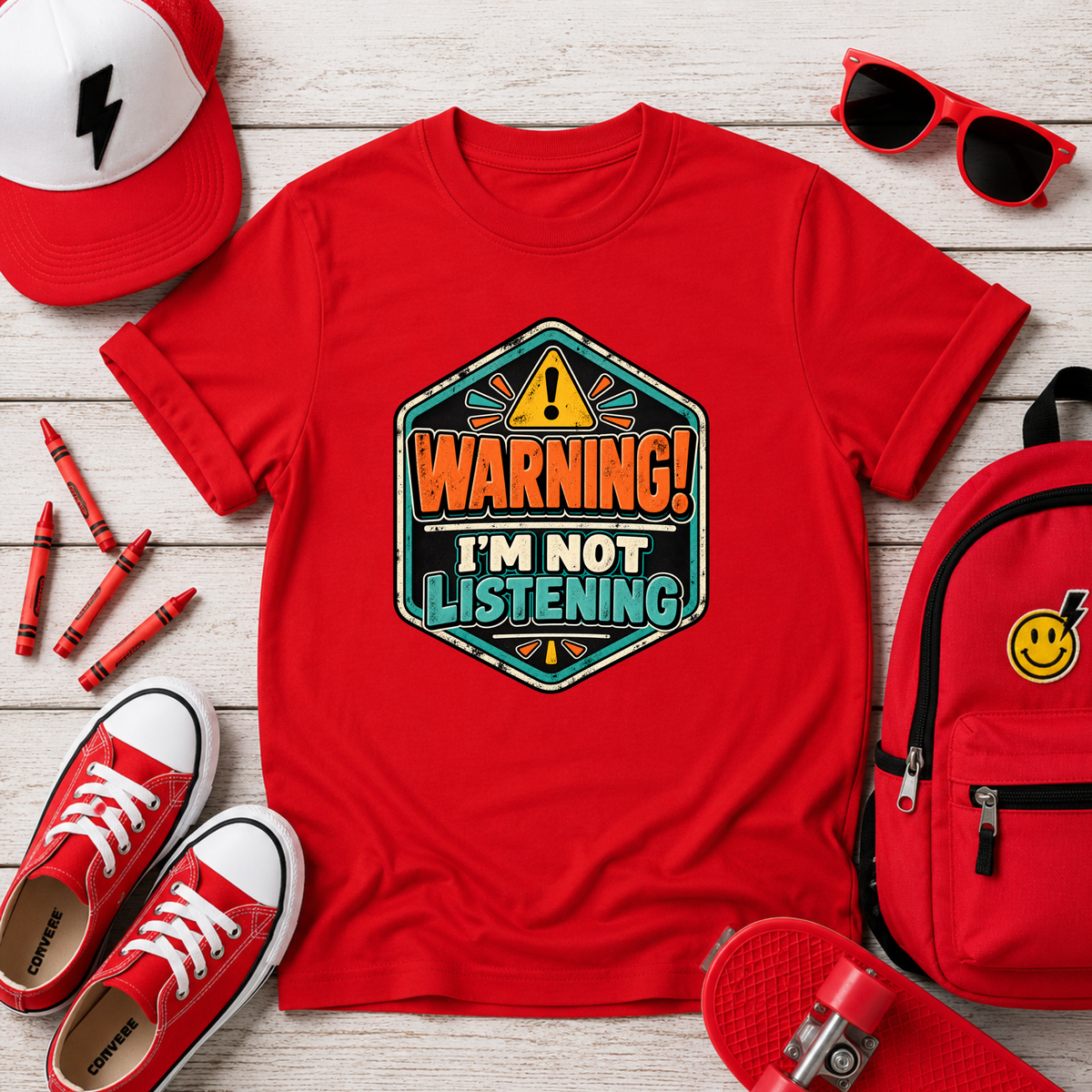 Kids T-Shirt "Warning! I'm Not Listening" Retro Badge