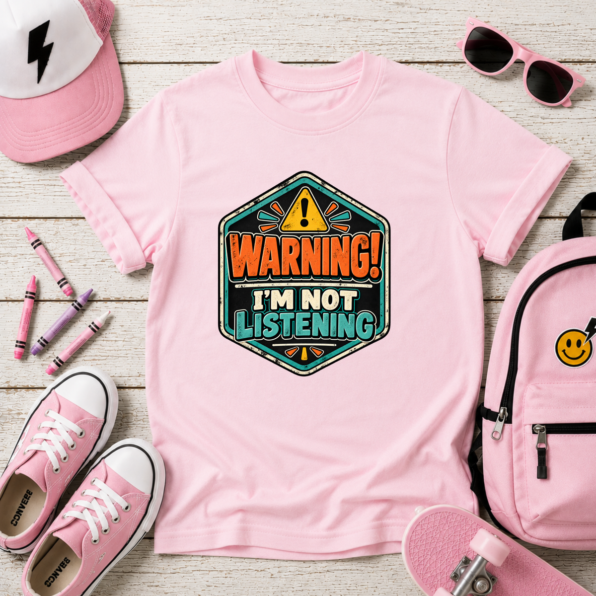 Kids T-Shirt "Warning! I'm Not Listening" Retro Badge