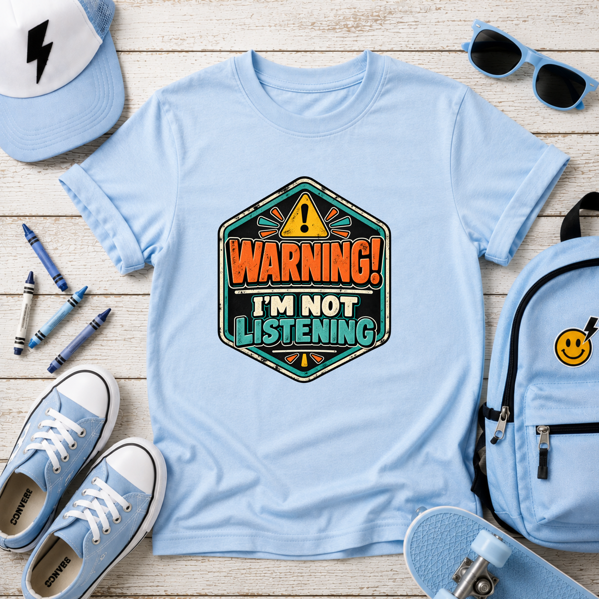 Kids T-Shirt "Warning! I'm Not Listening" Retro Badge