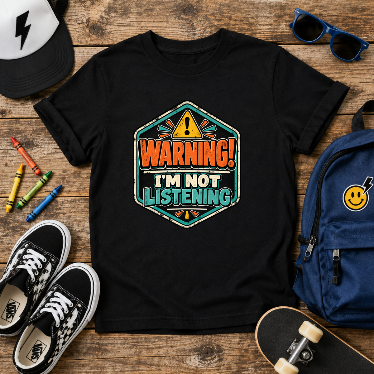 Kids T-Shirt "Warning! I'm Not Listening" Retro Badge