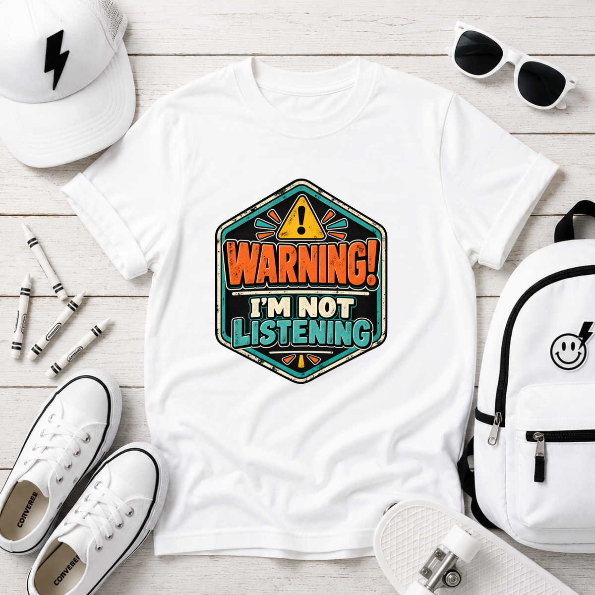 Kids T-Shirt "Warning! I'm Not Listening" Retro Badge