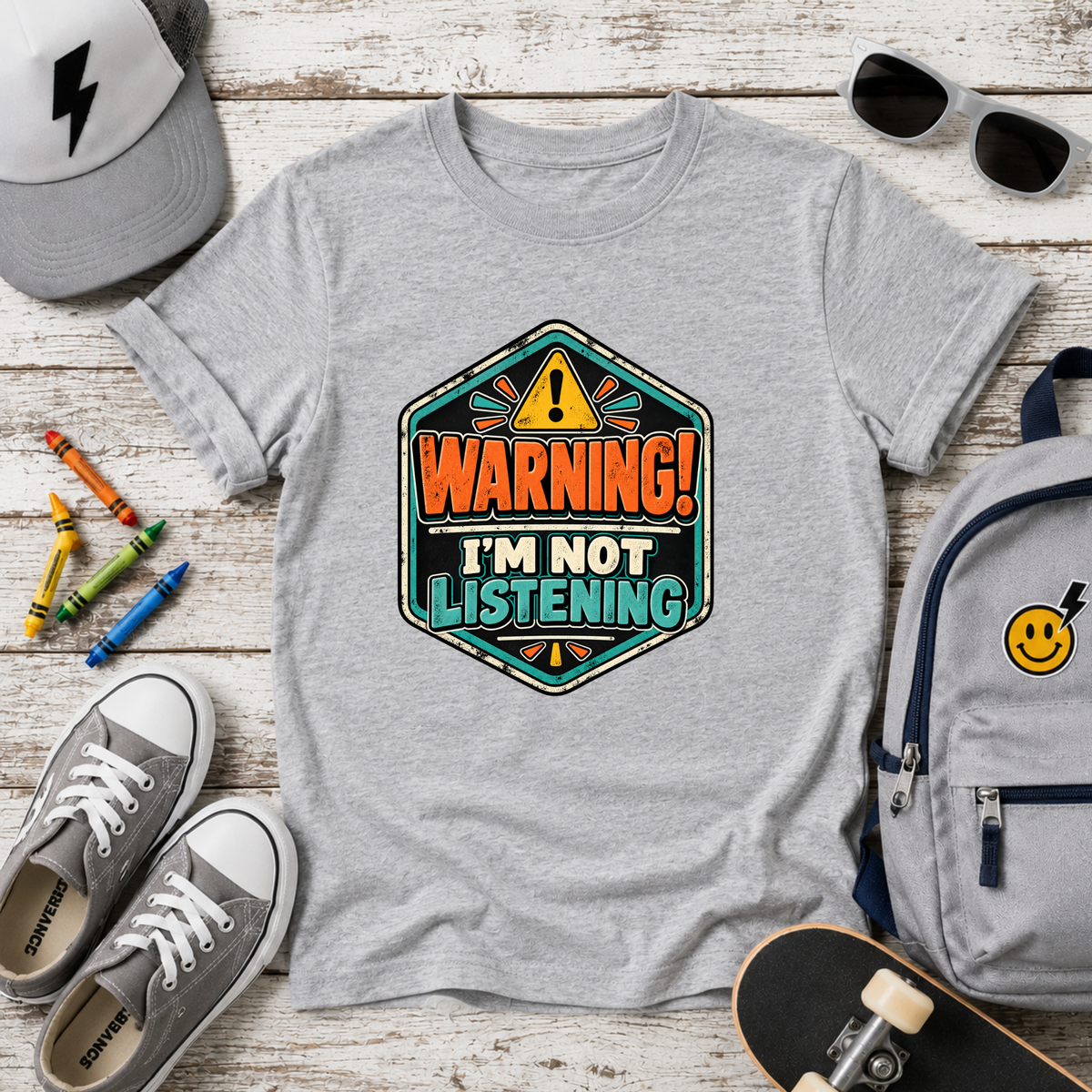 Kids T-Shirt "Warning! I'm Not Listening" Retro Badge