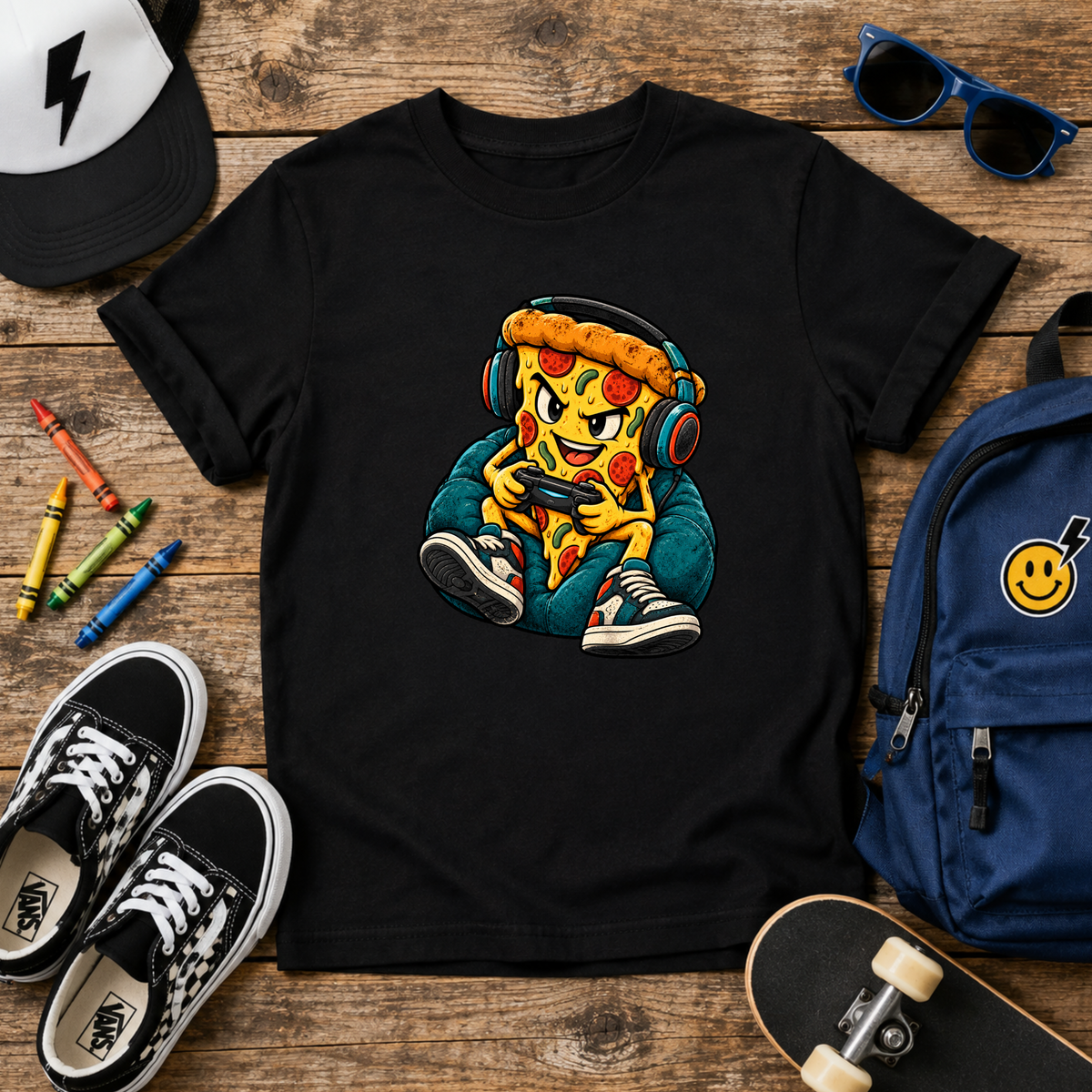 "Cool Pizza Slice Kid with Headphones" Gaming Graphic T-shirt