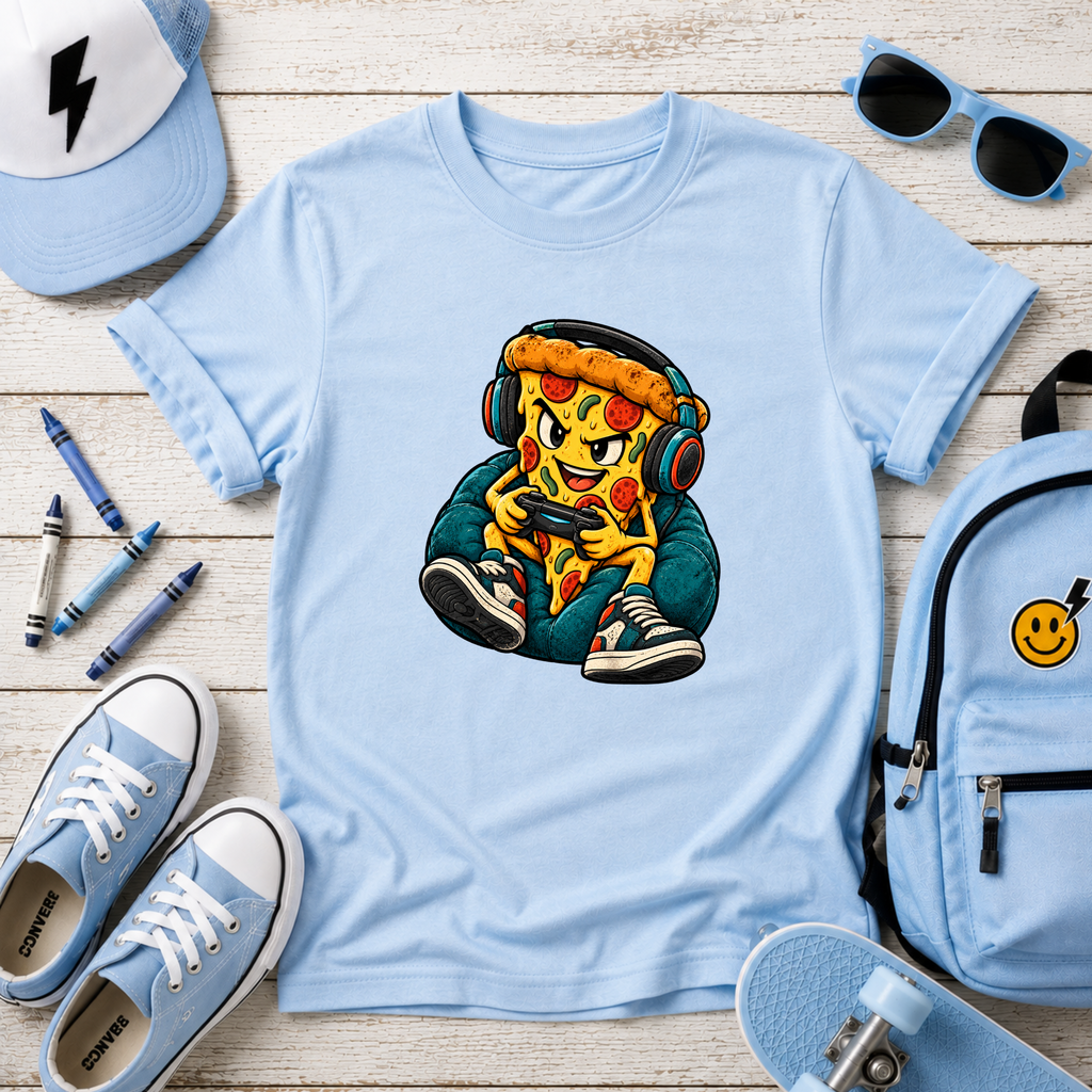 "Cool Pizza Slice Kid with Headphones" Gaming Graphic T-shirt