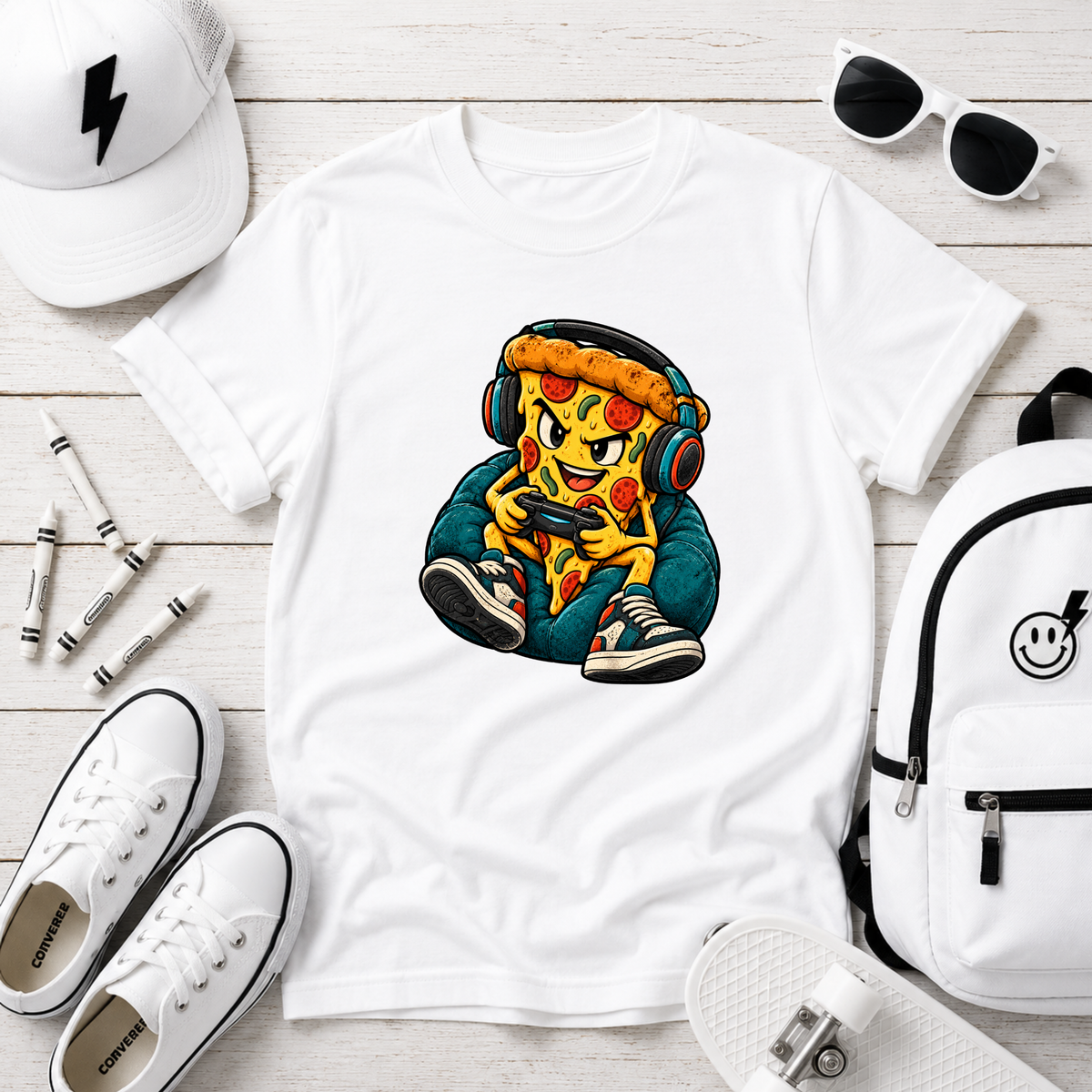 "Cool Pizza Slice Kid with Headphones" Gaming Graphic T-shirt