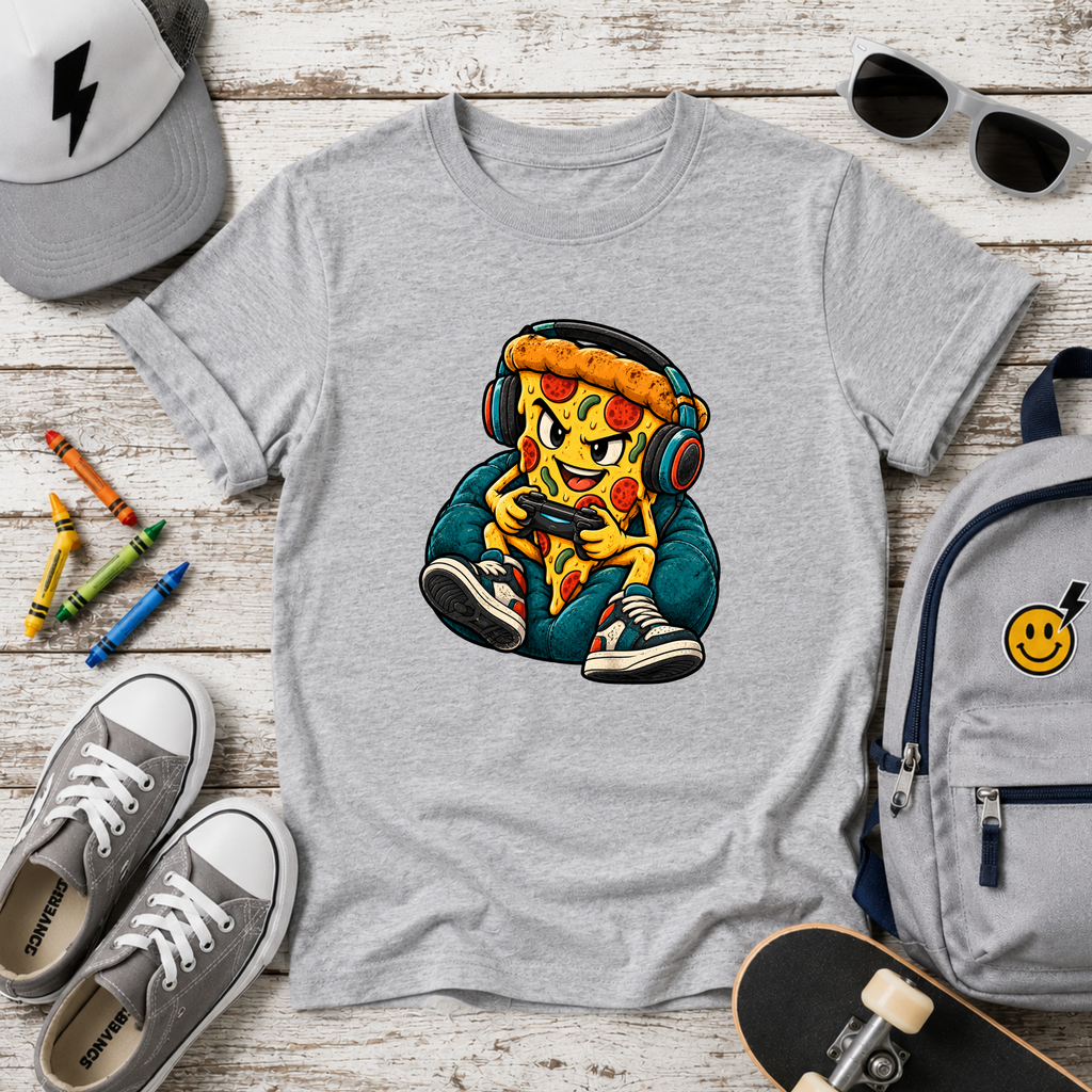"Cool Pizza Slice Kid with Headphones" Gaming Graphic T-shirt