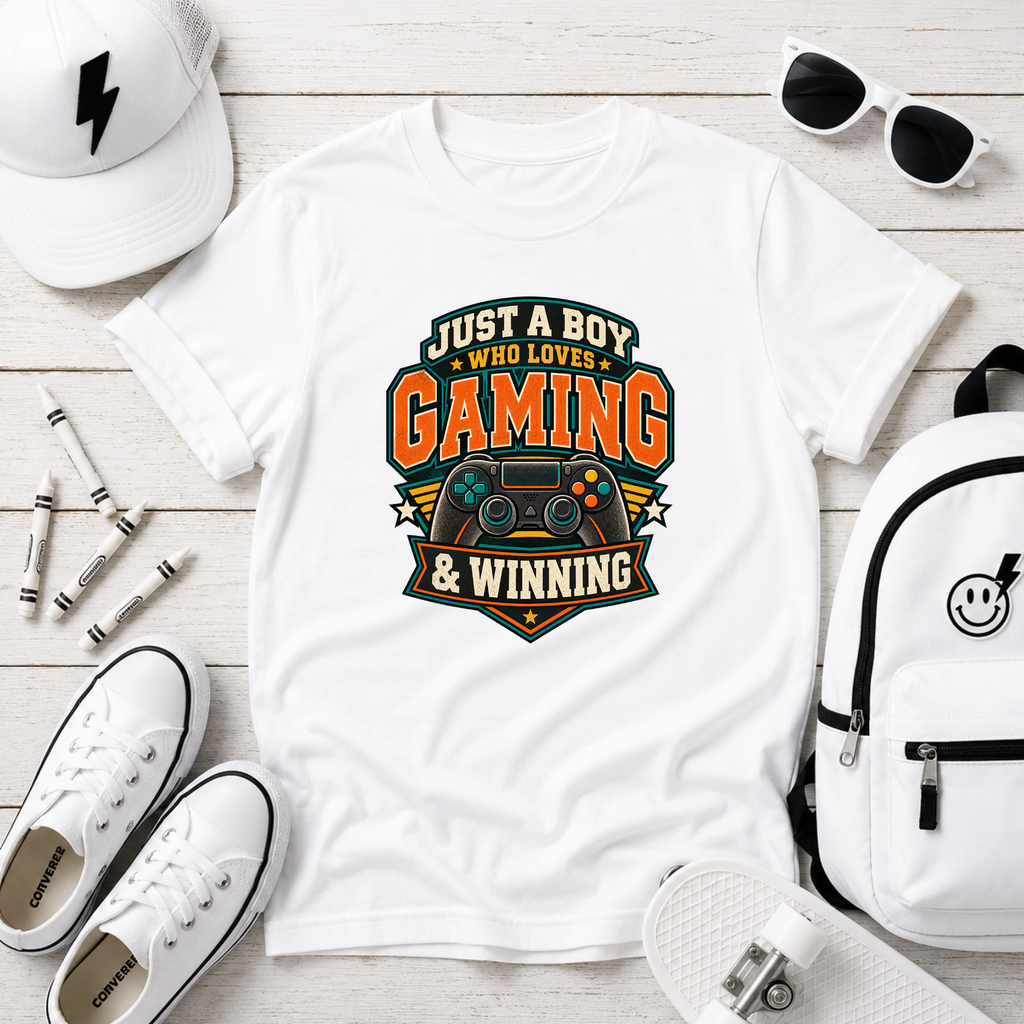 Kids Tee "Just A Boy Who Loves Gaming & Winning" Video Game Controller Shirt